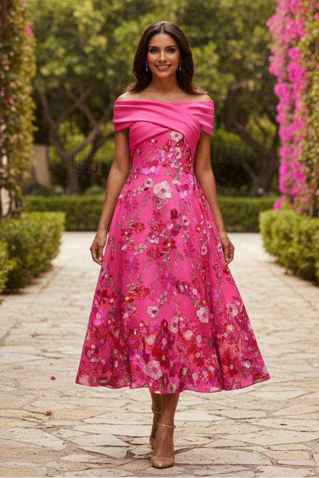 Off-Shoulder Floral Embroidered A-Line Midi Dress