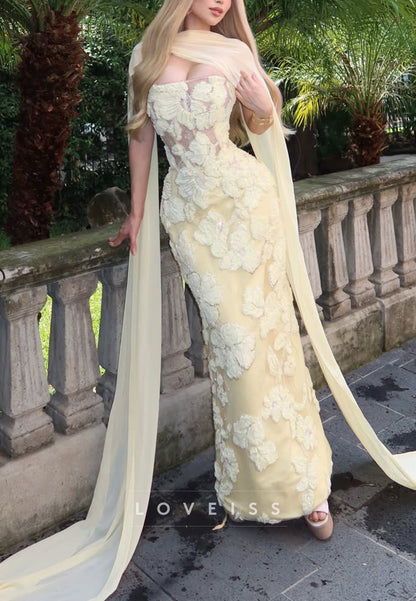 Floral Appliqué Strapless Column Gown with Cape