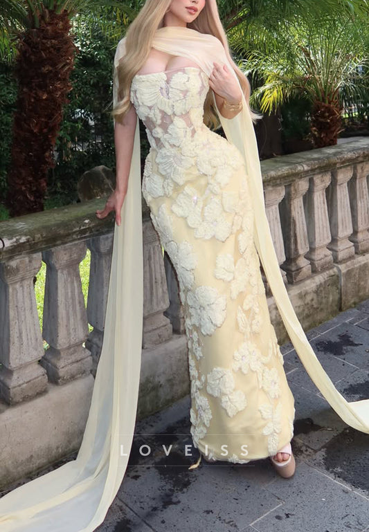 Floral Appliqué Strapless Column Gown with Cape
