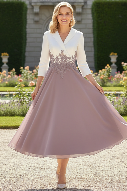 Lace Applique 3/4 Sleeve Tea-Length A-Line Dress