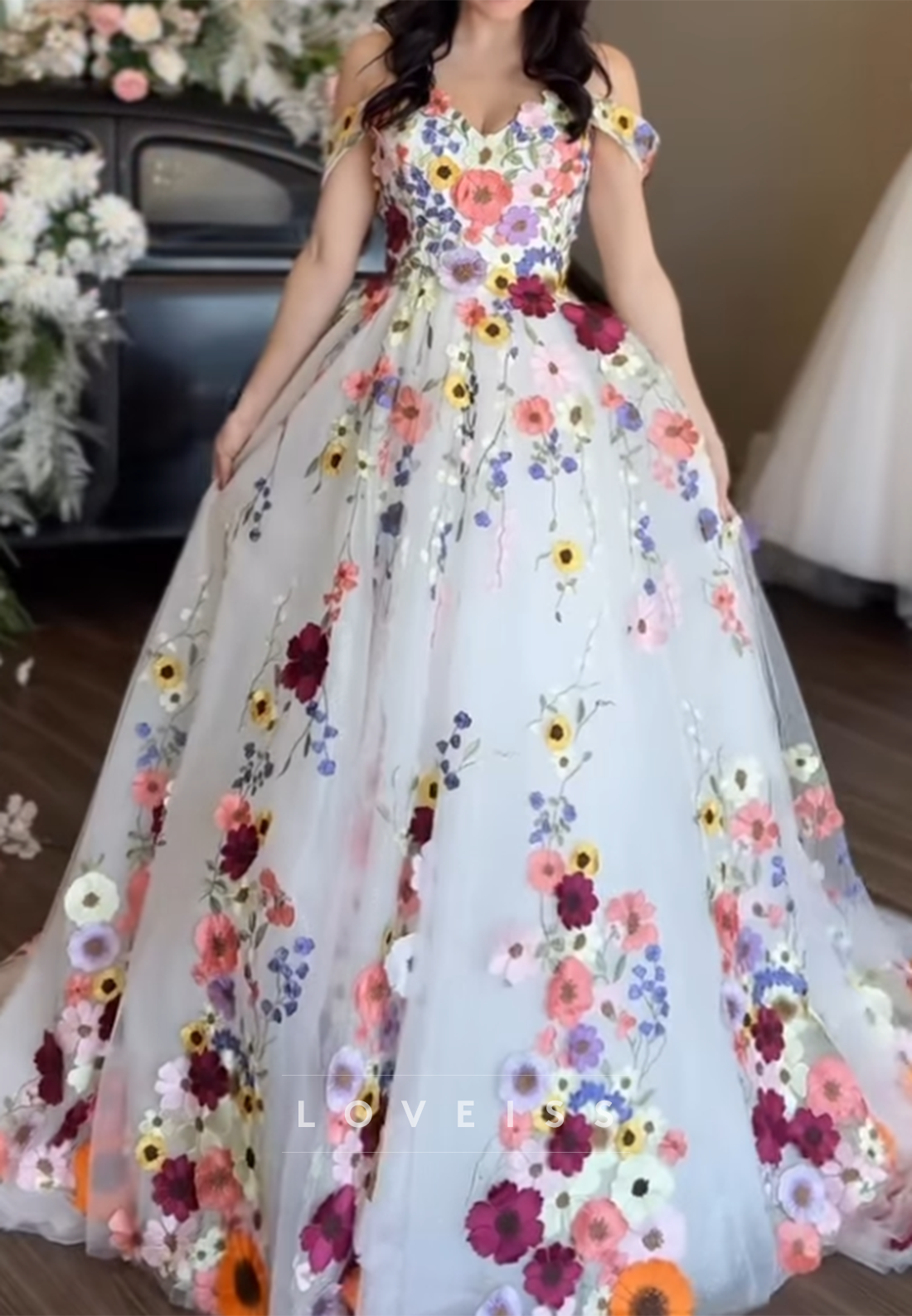 Off-the-Shoulder 3D Floral A-Line Wedding Dress