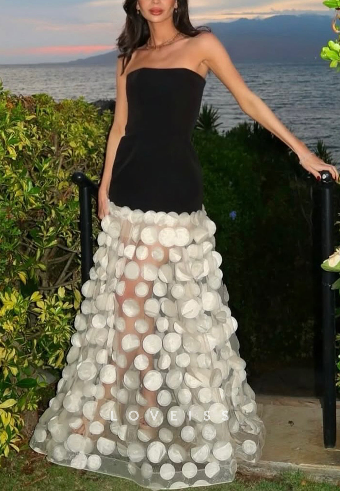 Strapless Two-Tone Gown with 3D Appliqué Skirt