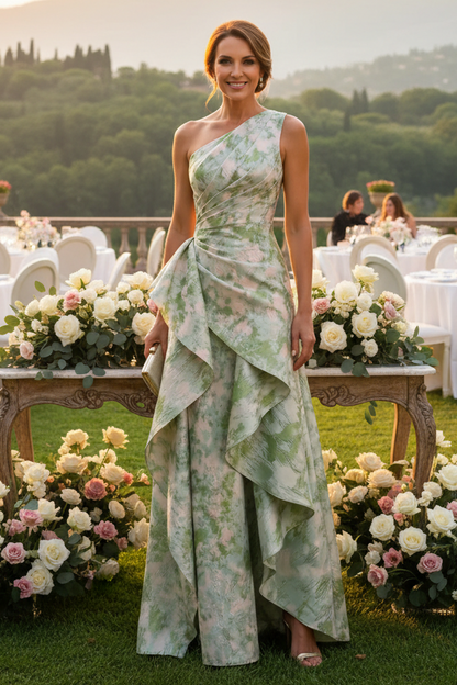 One-Shoulder Ruffled Jacquard Evening Gown