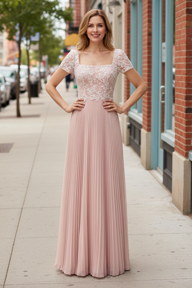 Square Neck Lace Pleated Chiffon A-Line Gown