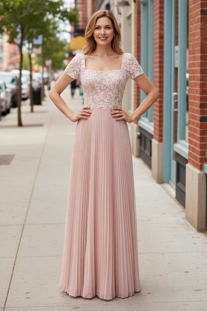 Square Neck Lace Pleated Chiffon A-Line Gown
