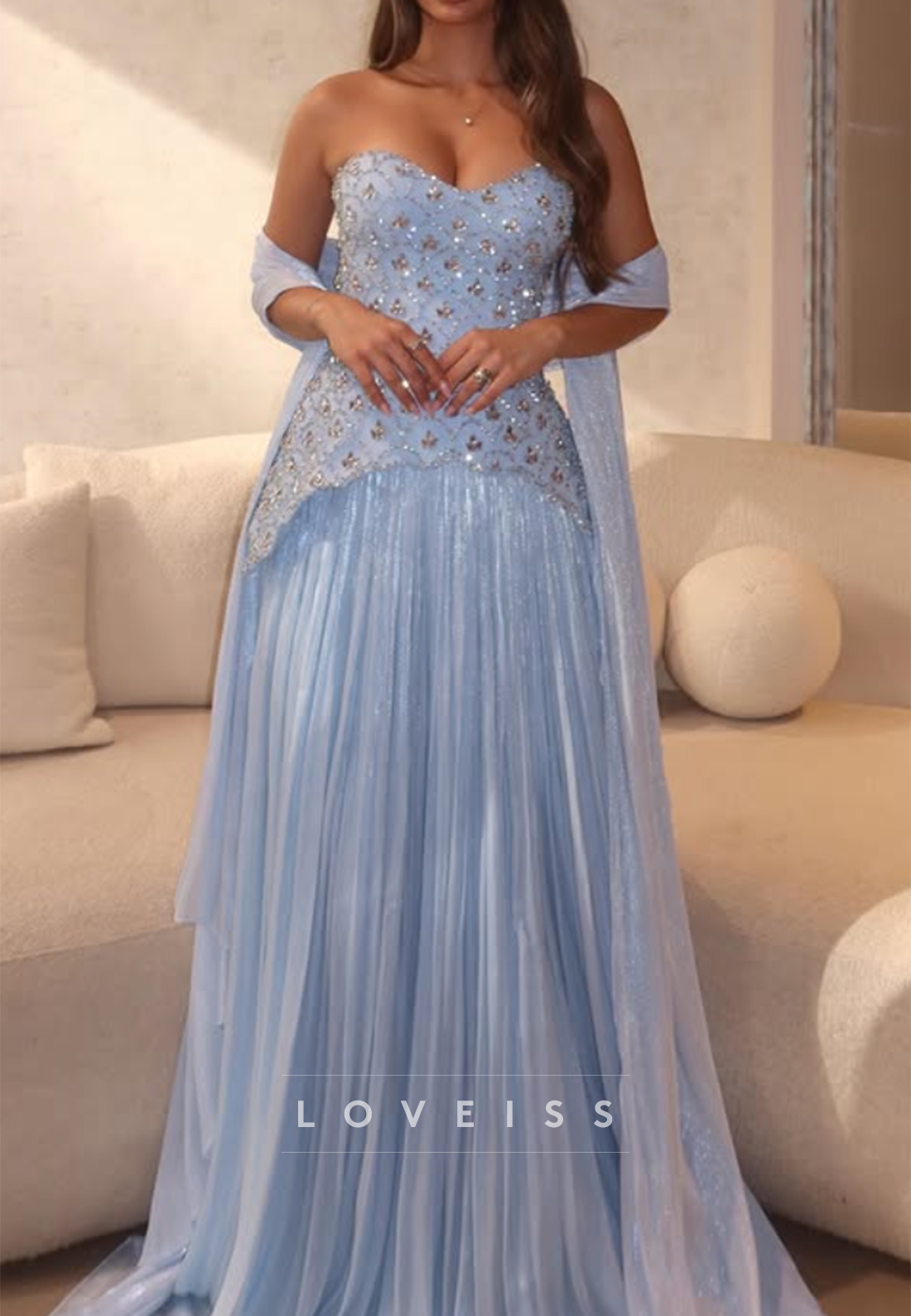 Strapless Pleated Gown with Beaded Bodice and Shawl