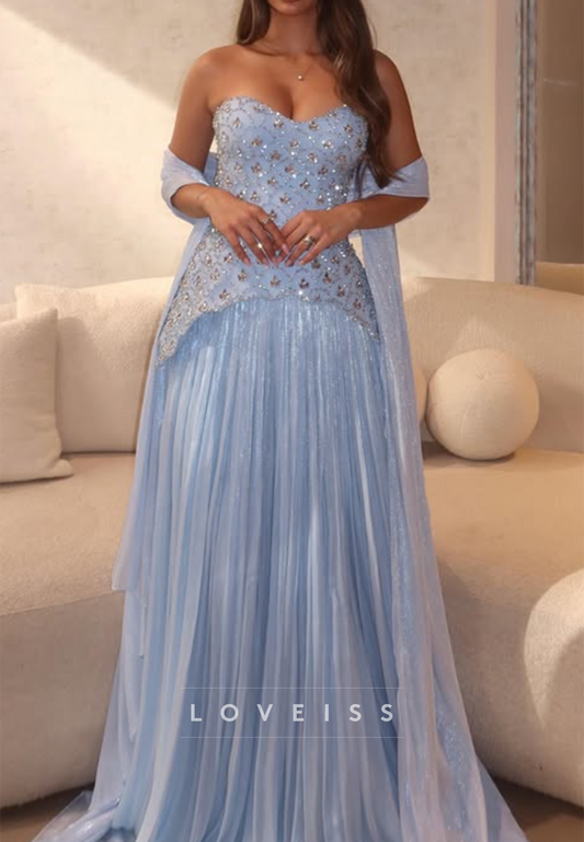 Strapless Pleated Gown with Beaded Bodice and Shawl