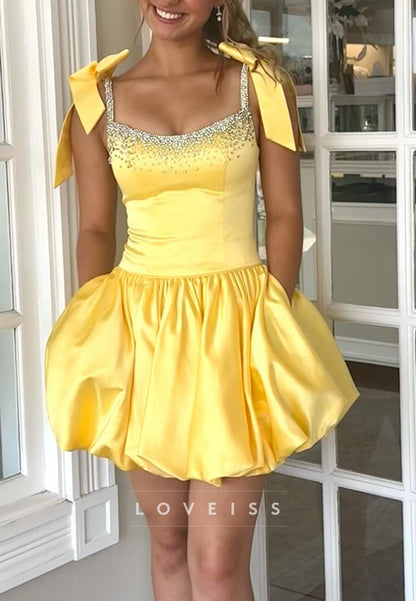 Beaded Satin Bubble Skirt Mini Dress with Shoulder Bows