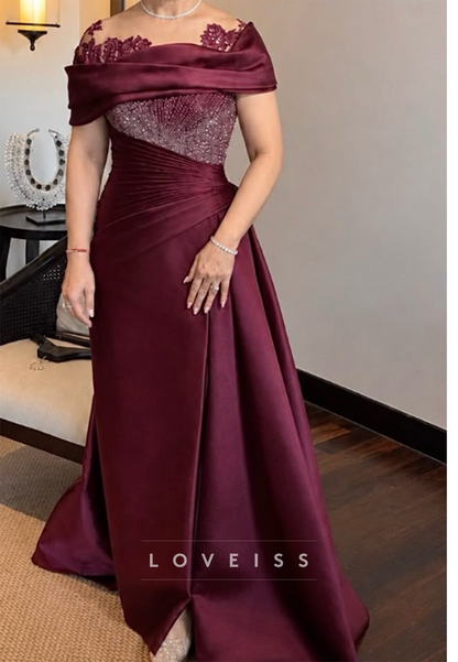 Ruched Beaded Off-the-Shoulder Evening Gown