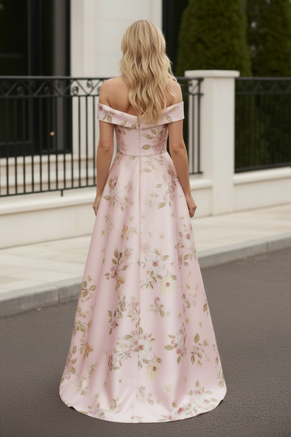 Off-The-Shoulder Floral Satin Gown with Slit