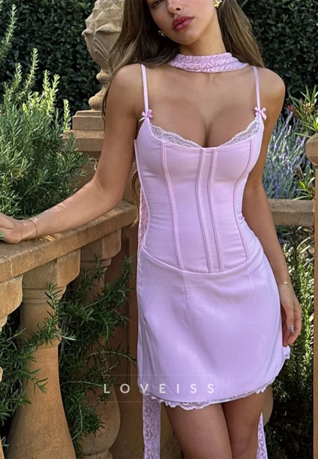 Lace-Trim Corset Mini Dress with Neck Scarf