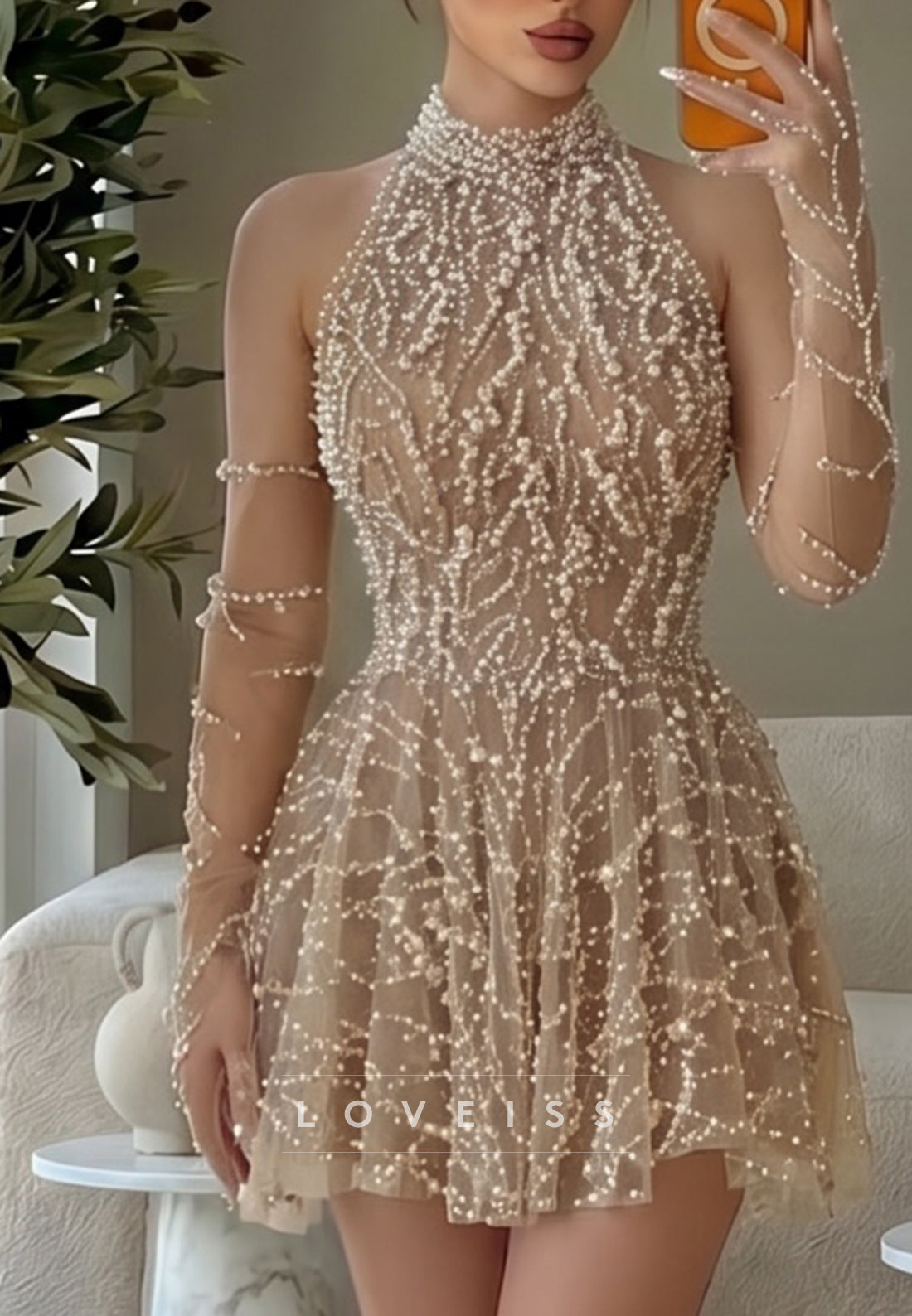 Pearl Beaded High-Neck Long Sleeve Mini Dress