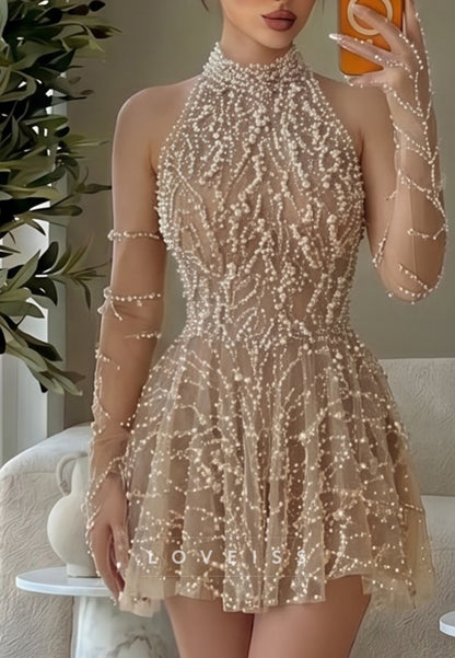 Pearl Beaded High-Neck Long Sleeve Mini Dress