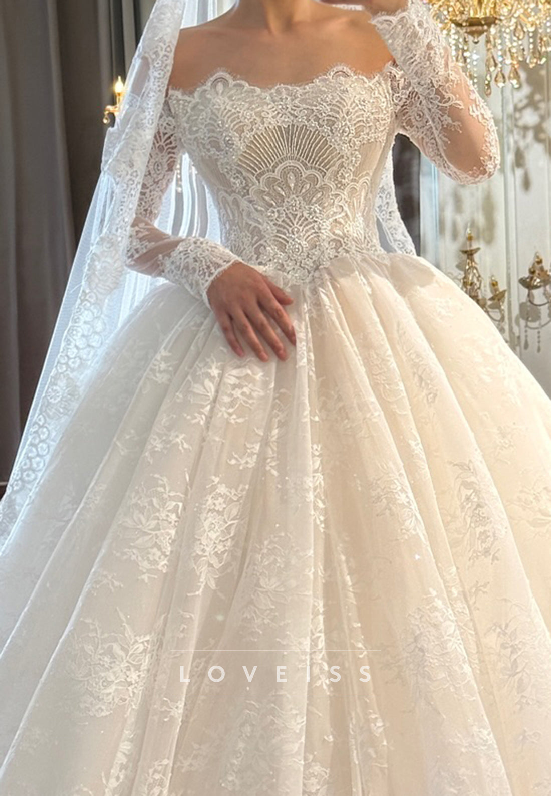 Off-the-Shoulder Long Sleeve Lace Ball Gown Wedding Dress