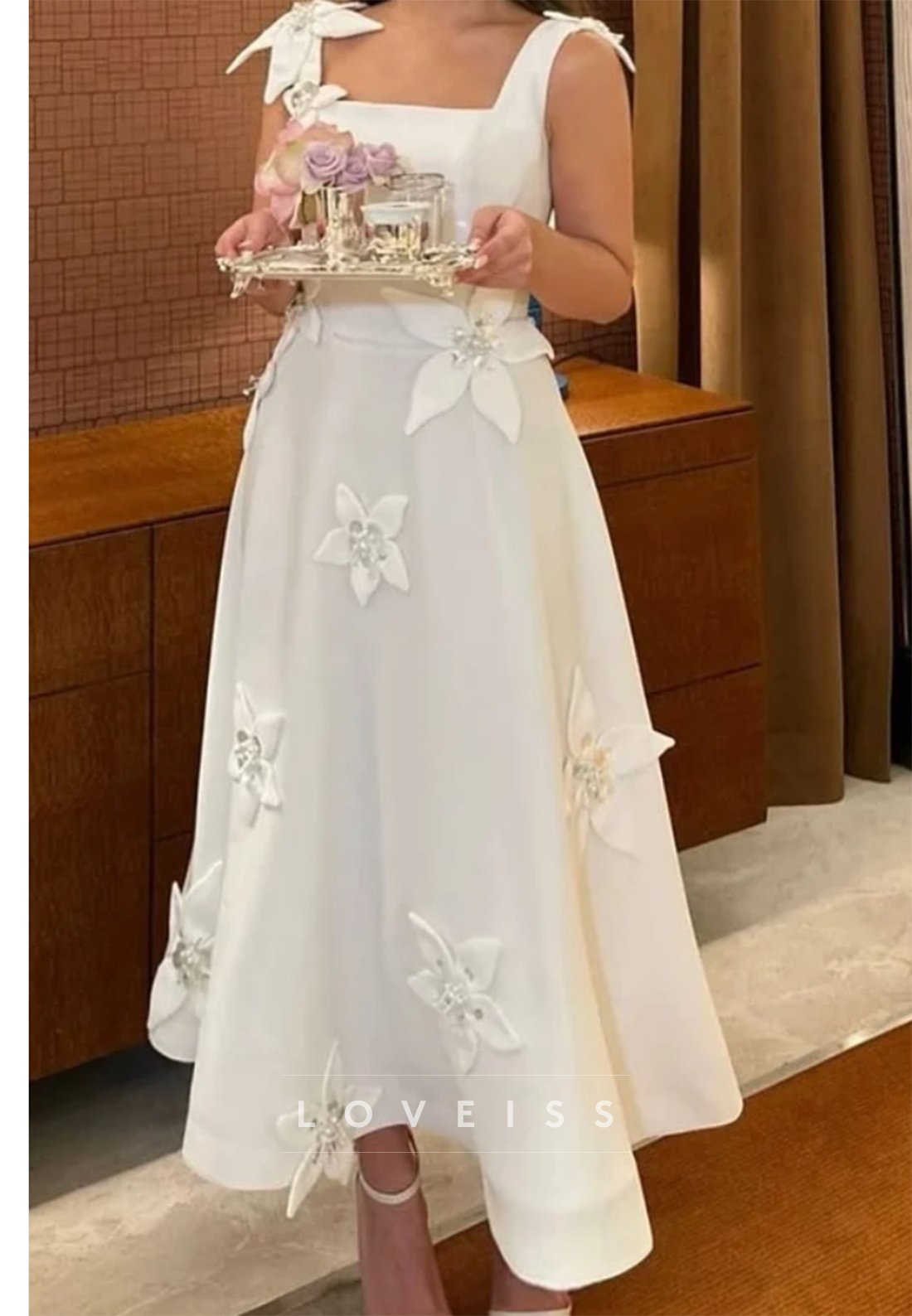3D Floral Applique Square Neck A-Line Dress