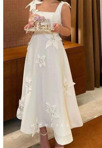 3D Floral Applique Square Neck A-Line Dress