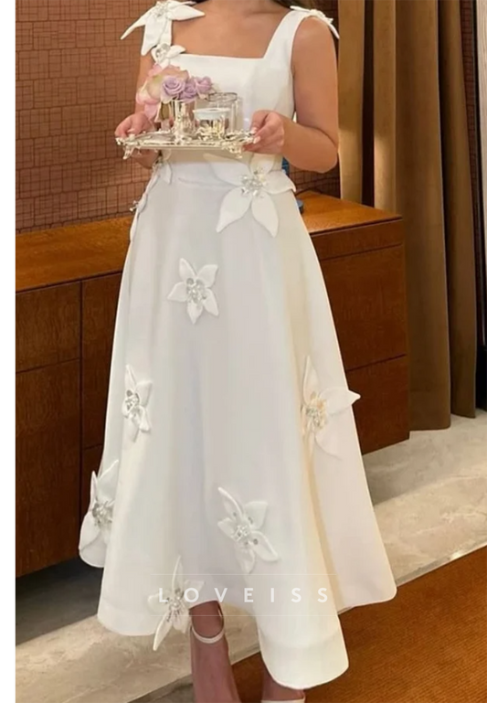 3D Floral Applique Square Neck A-Line Dress
