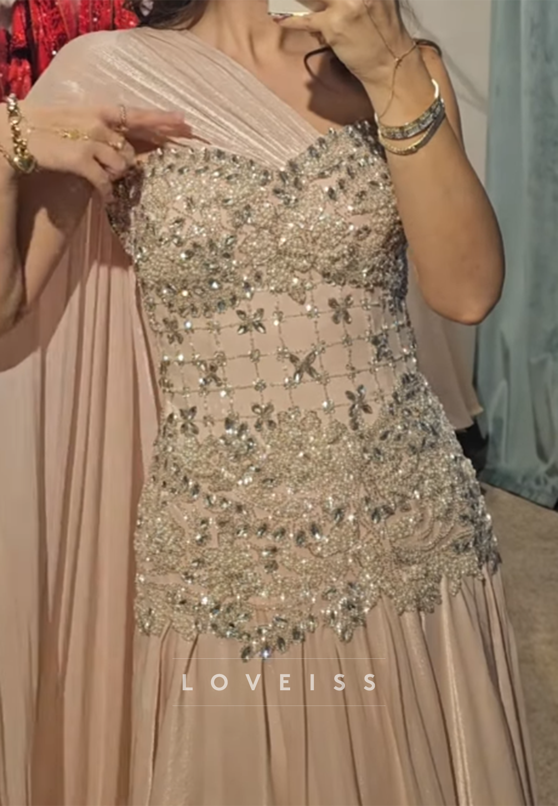 Beaded Bodice Cape Gown with Flowing Skirt