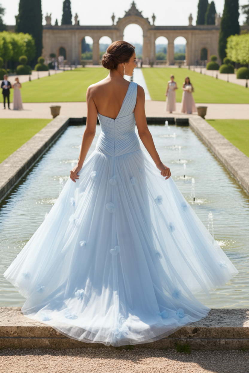 One-Shoulder Ruched Tulle Gown with 3D Flowers