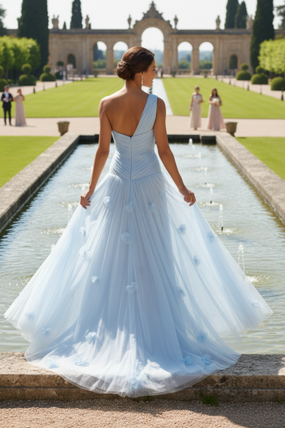 One-Shoulder Ruched Tulle Gown with 3D Flowers