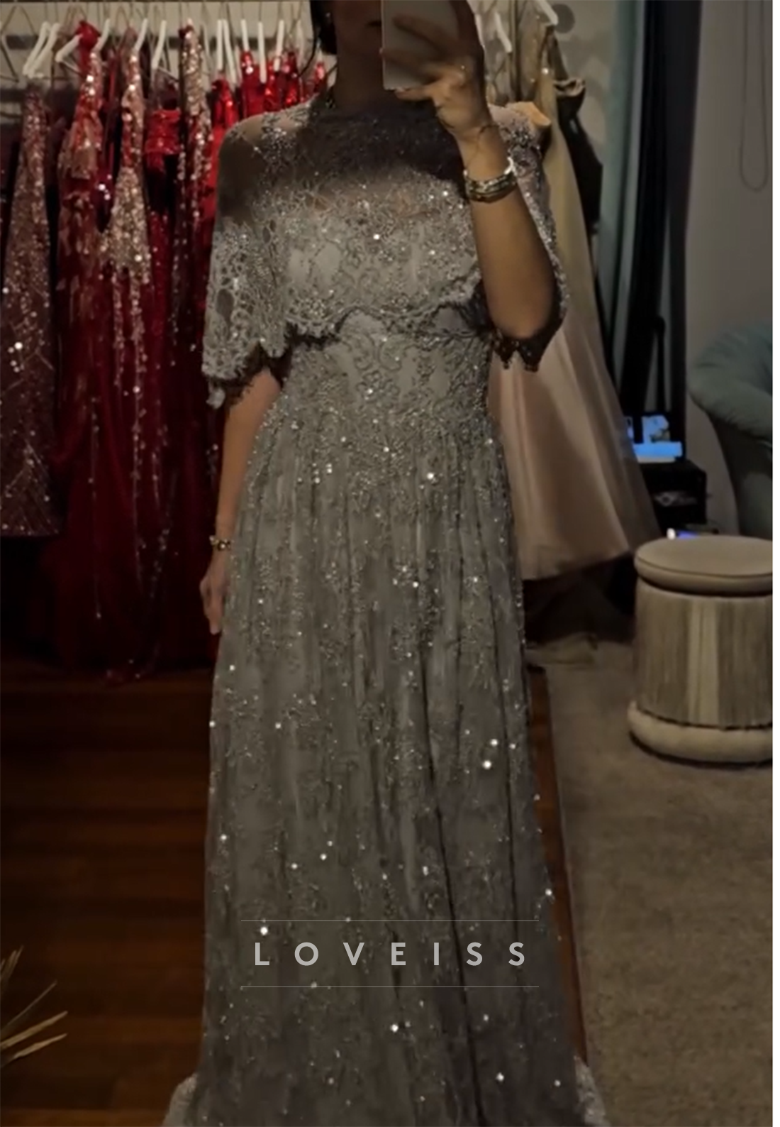 Sequin Lace Cape Evening Gown