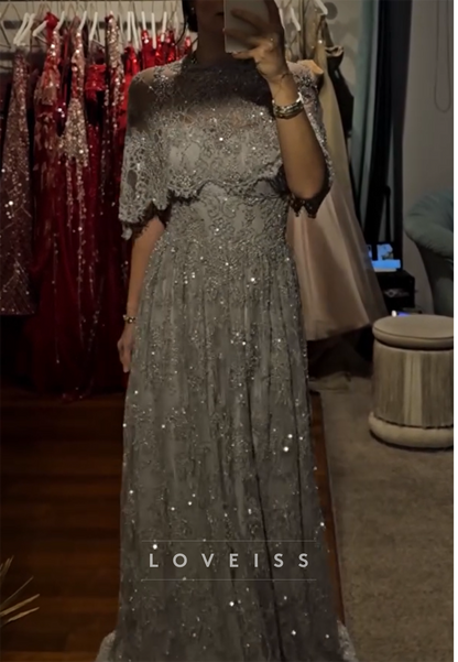 Sequin Lace Cape Evening Gown