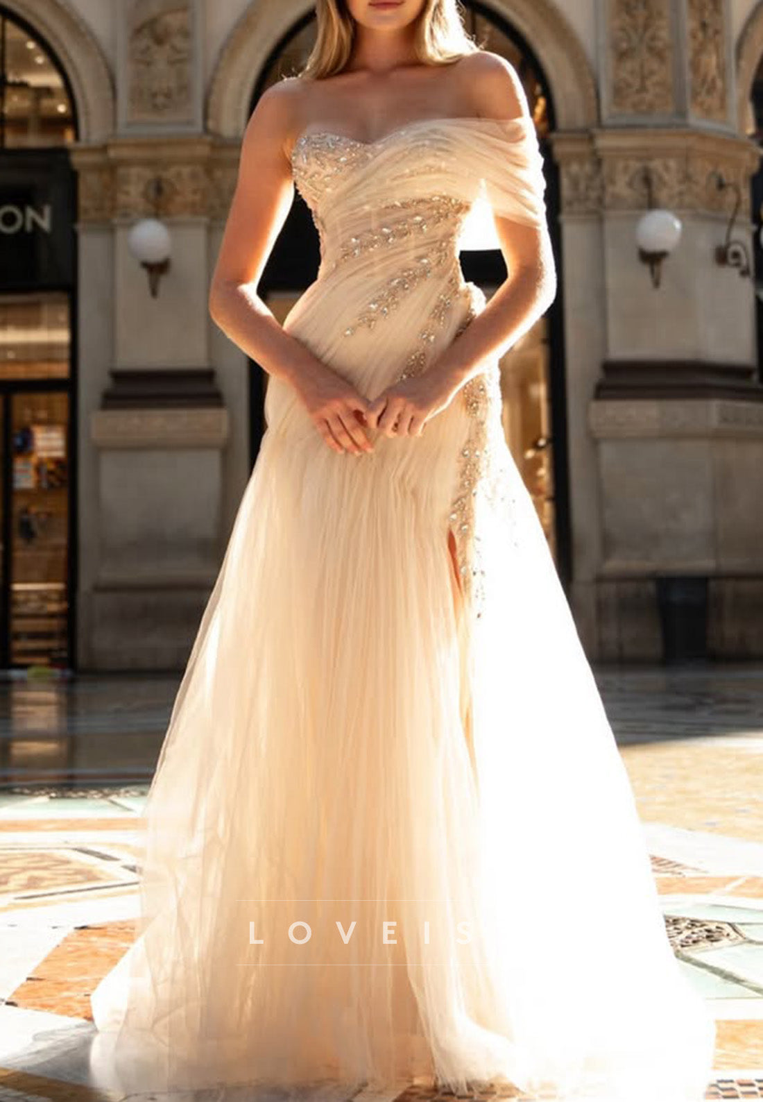 Ruched Tulle Corset Gown with Rhinestones
