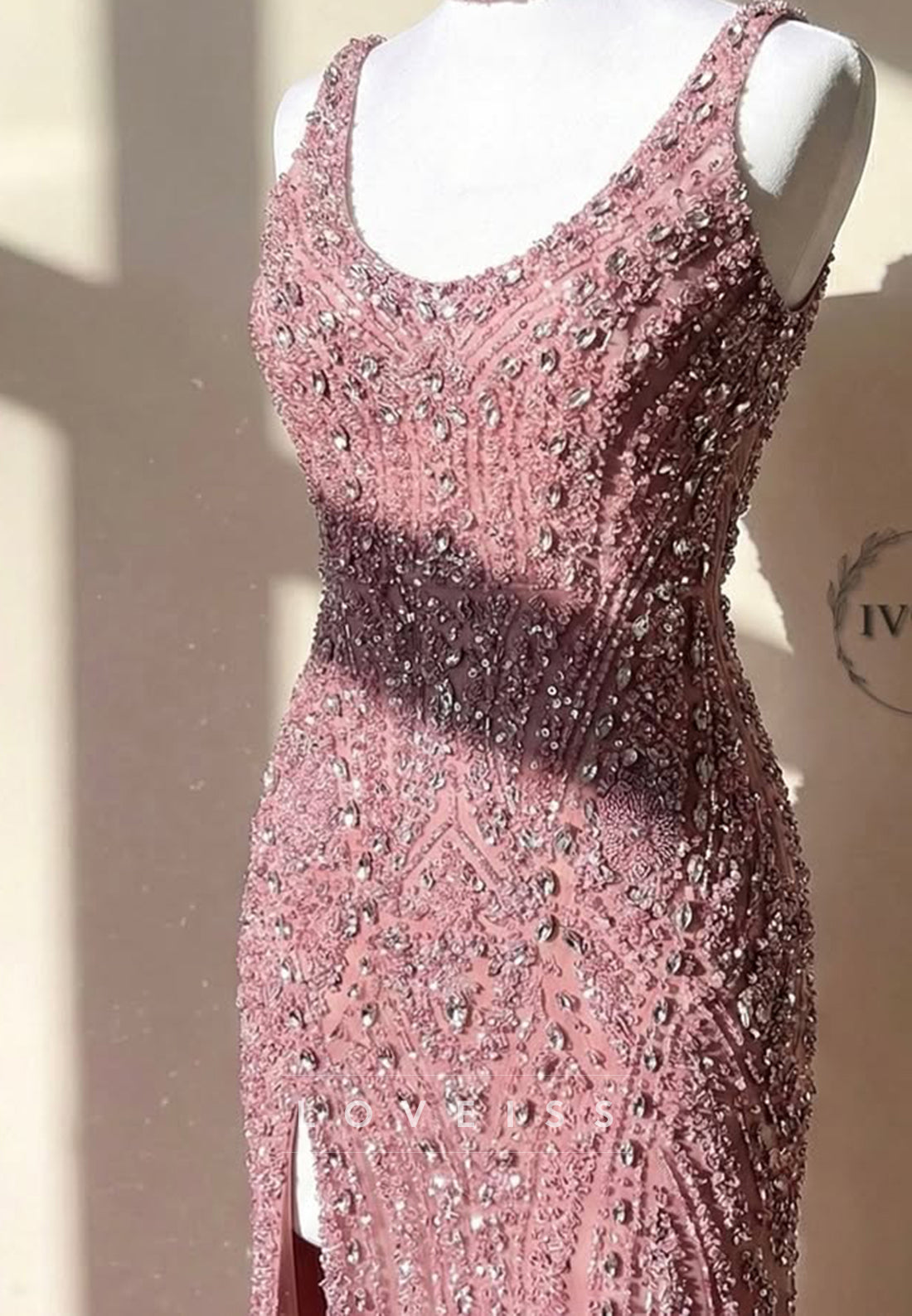 Beaded Sleeveless Gown with High Slit