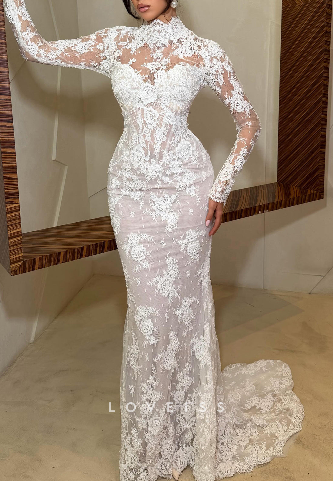 High Neck Lace Mermaid Wedding Dress with Open Back