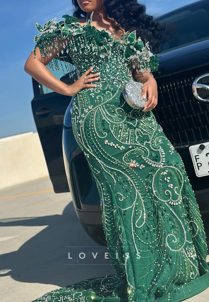 Beaded Mermaid Evening Dress with Beaded Fringe