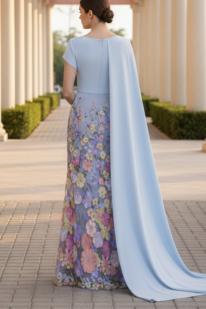 Cape Sleeve Floral Embroidered Evening Gown