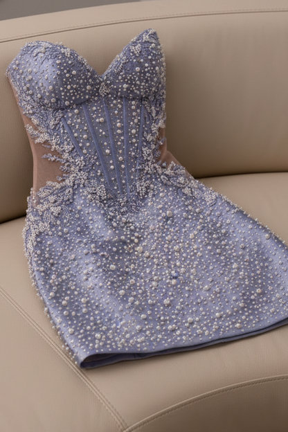 Strapless Pearl Beaded Corset Mini Dress