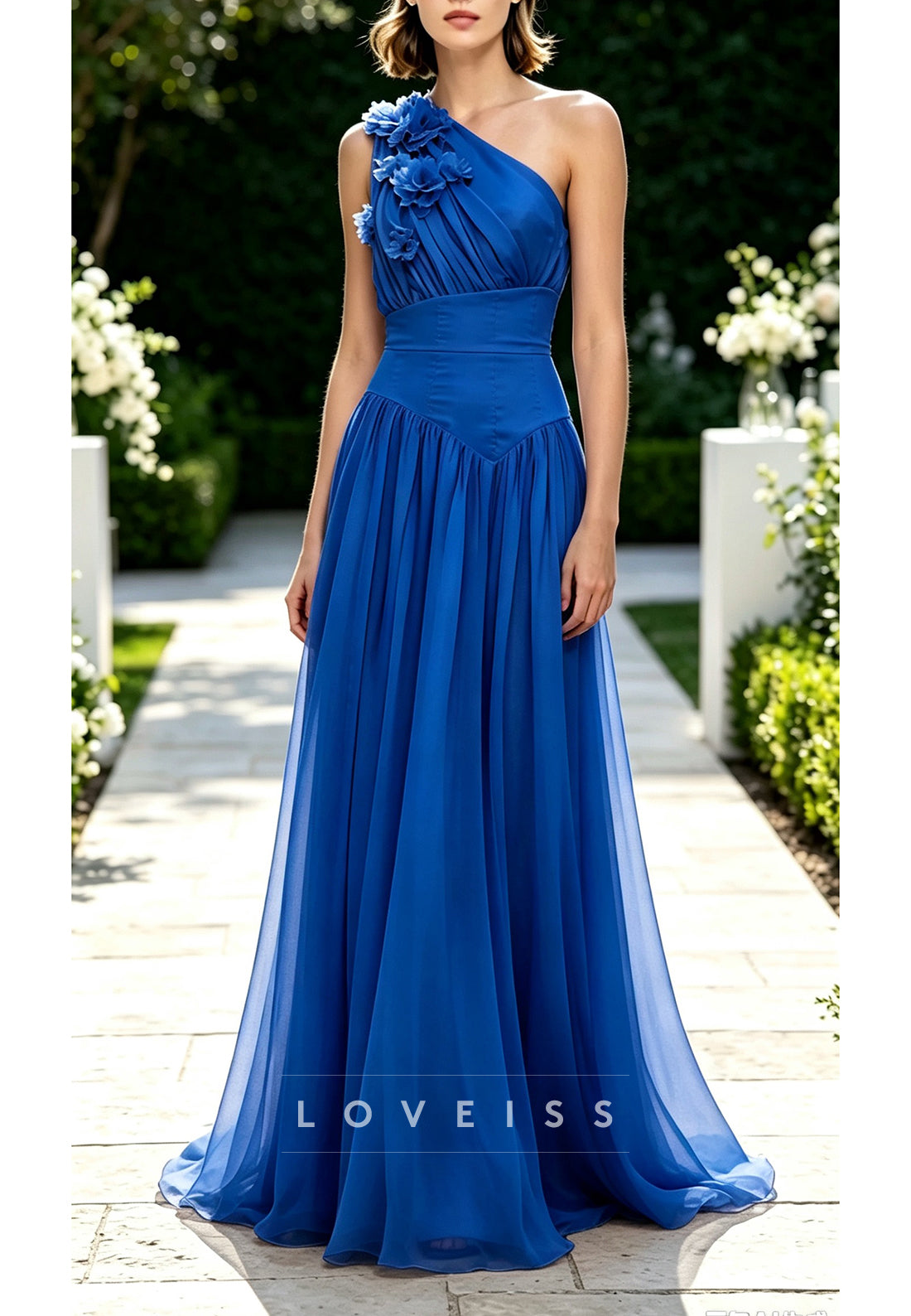 One-Shoulder Floral Applique A-Line Maxi Dress