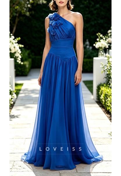 One-Shoulder Floral Applique A-Line Maxi Dress