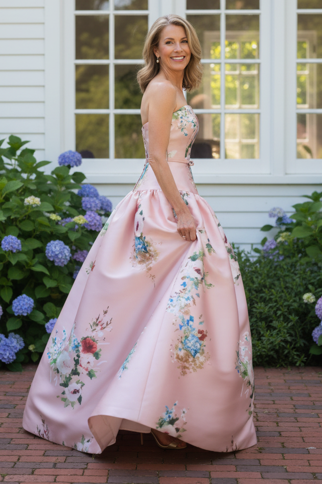 Strapless Floral Print Drop-Waist Ball Gown