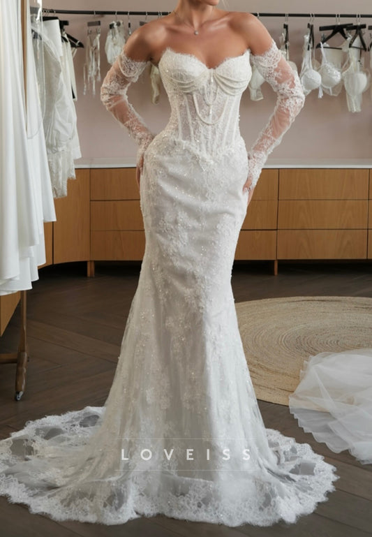 Off Shoulder Lace Mermaid Wedding Dress with Pearls