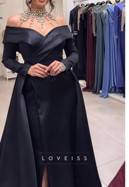 Off-Shoulder Gown with Embellished Illusion Neck