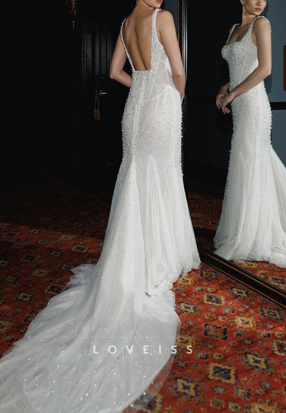 Pearl Beaded Mermaid Wedding Gown with Open Back