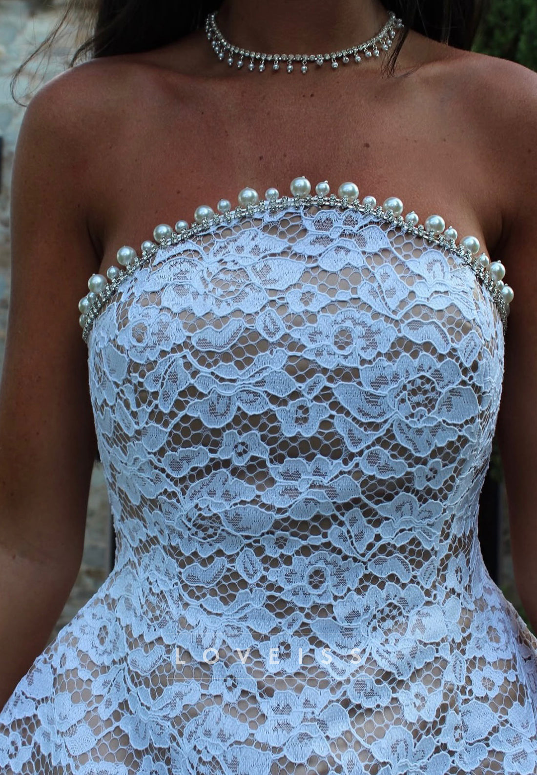 Strapless Lace Mini Dress with Pearl Trim