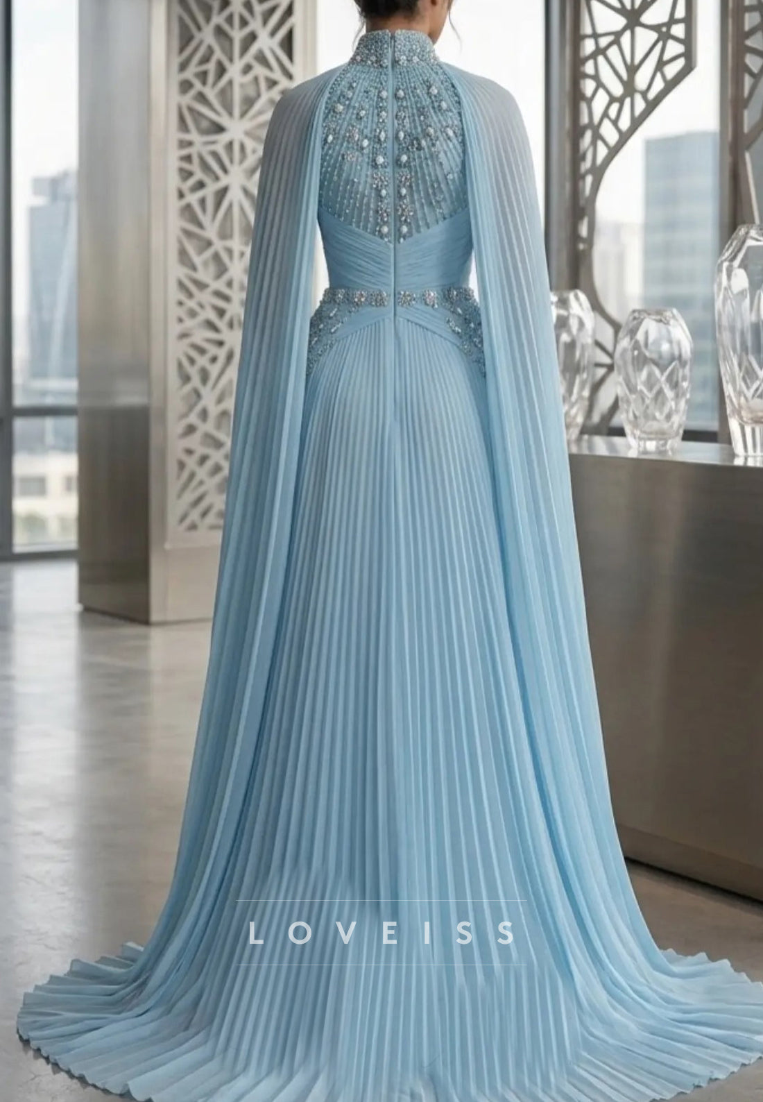 Beaded High Neck Cape Sleeve Pleated Evening Gown