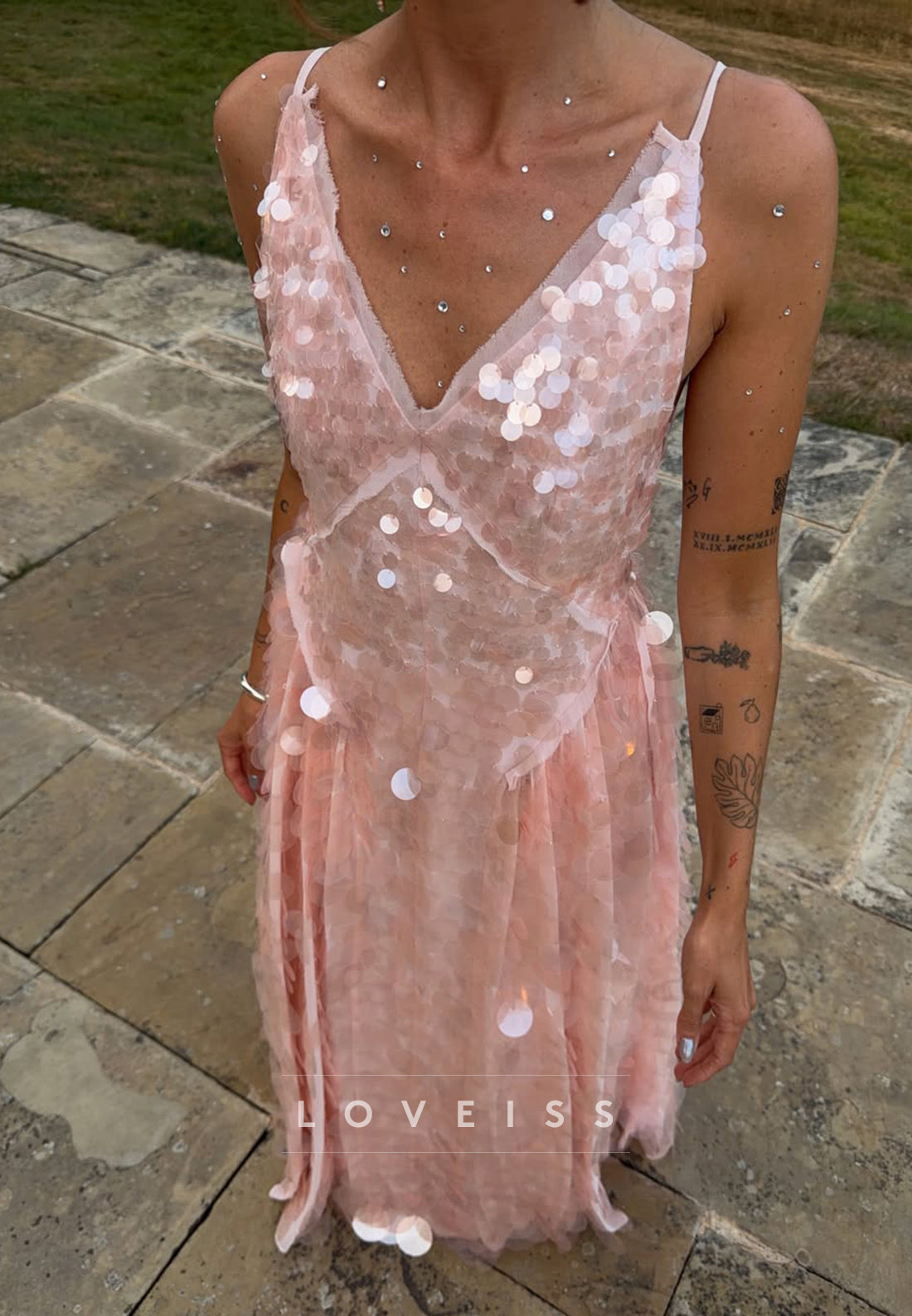 Large Sequin V-Neck Maxi Dress with Tie Back
