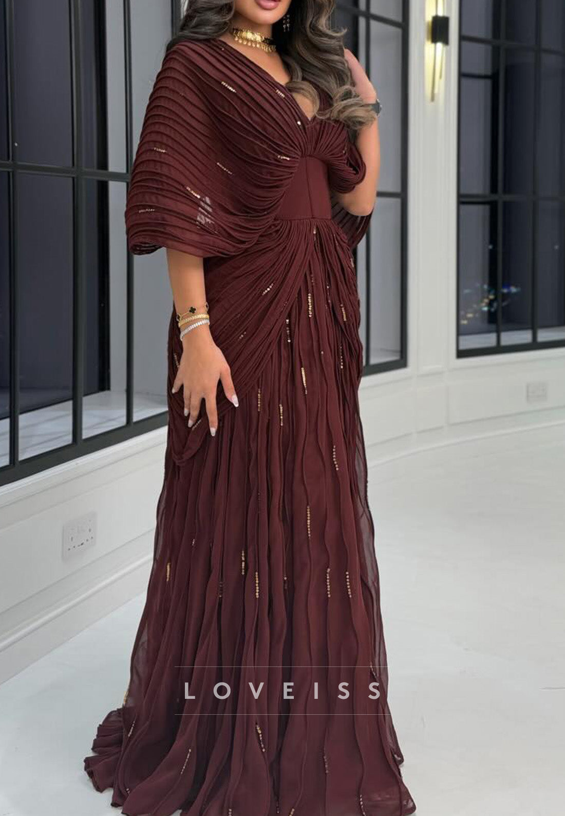 Pleated Cape Sleeve Beaded Maxi Dress