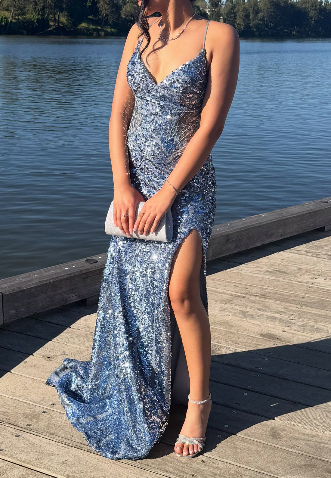 Sequin V-Neck Lace-Up Back Gown with Slit