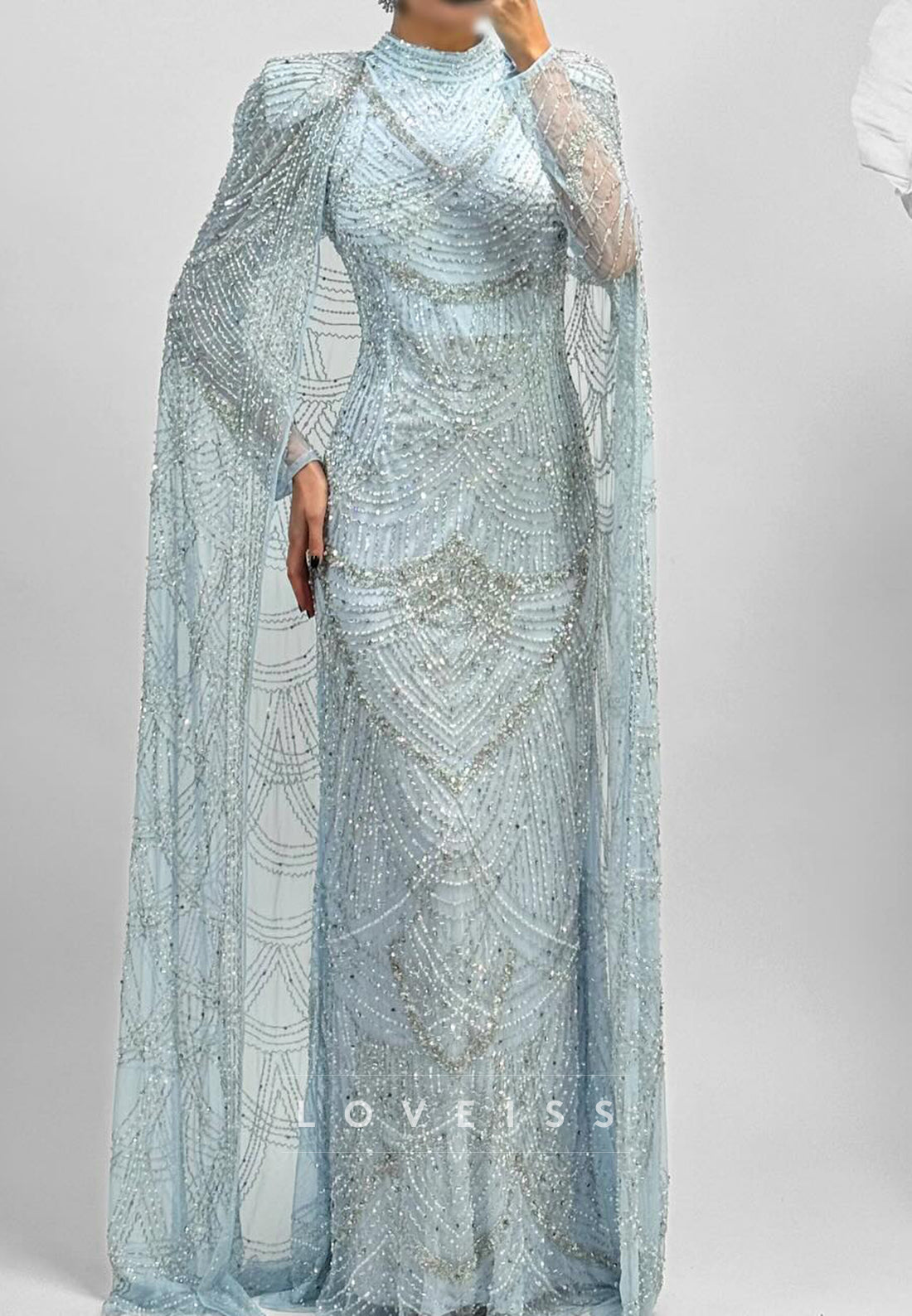 Beaded High Neck Evening Gown with Cape