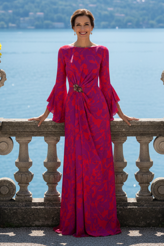 Floral Print Bateau Neck Gown with Bell Sleeves