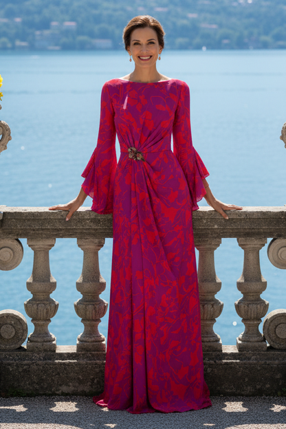 Floral Print Bateau Neck Gown with Bell Sleeves