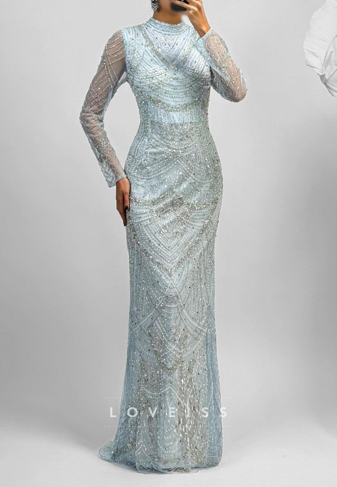 Beaded High Neck Evening Gown with Cape