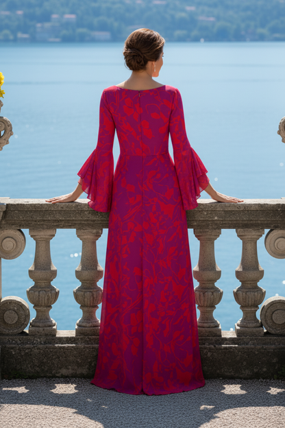 Floral Print Bateau Neck Gown with Bell Sleeves