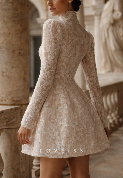 High-Neck Long Sleeve Lace Mini Wedding Dress