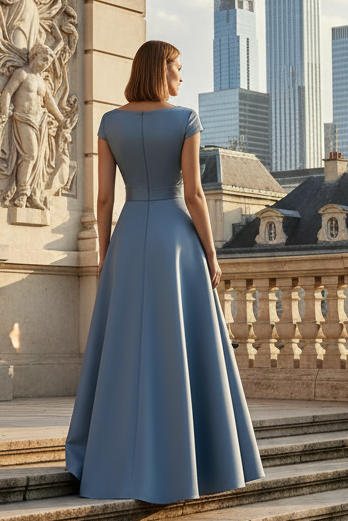 Pleated V-Neck Satin A-Line Gown with Bow